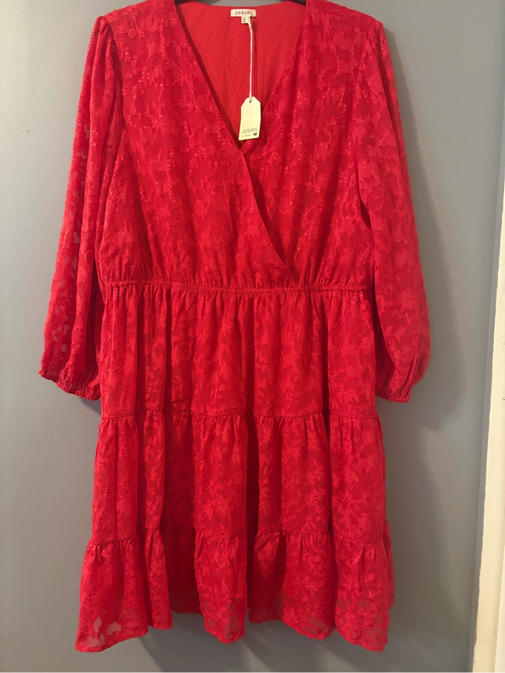 JODIFL Red Floral Lace Tiered Wrap Dress